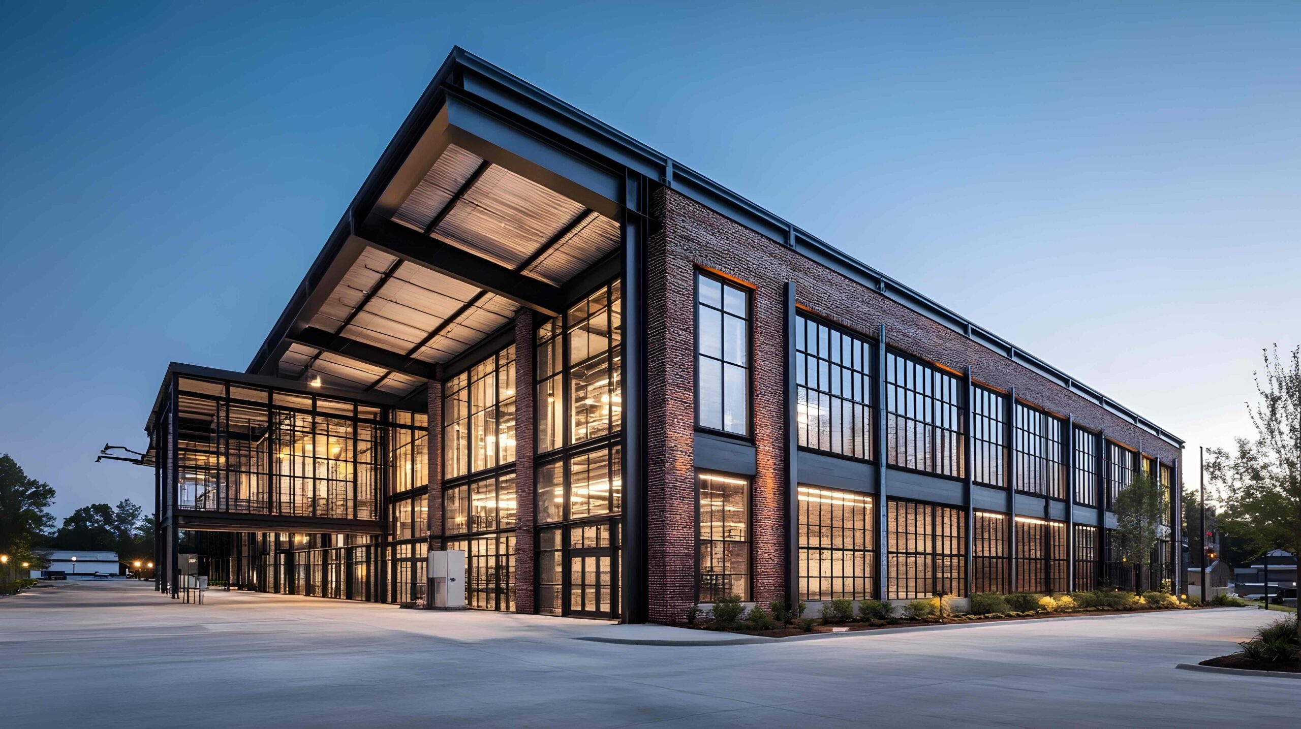 Illuminated modern industrial loft style building with exposed brick walls and steel beams under evening light in an urban city skyline  Commercial office or factory workspace architecture design