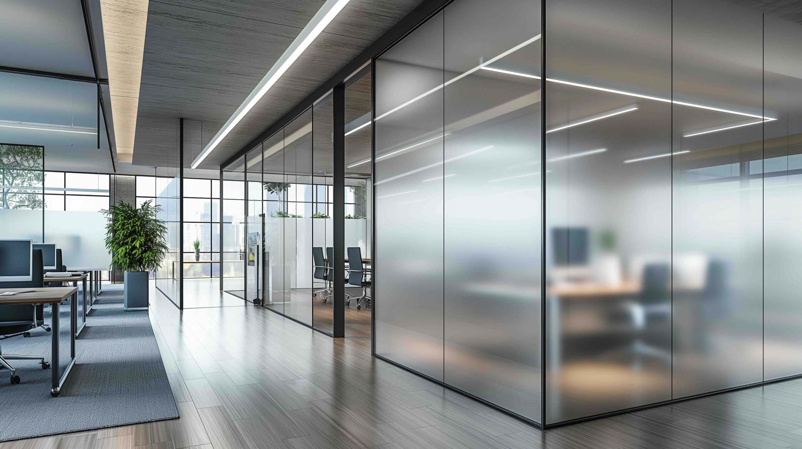 A contemporary office space featuring frosted glass walls and partitioned meeting rooms, offering a sleek and professional atmosphere.