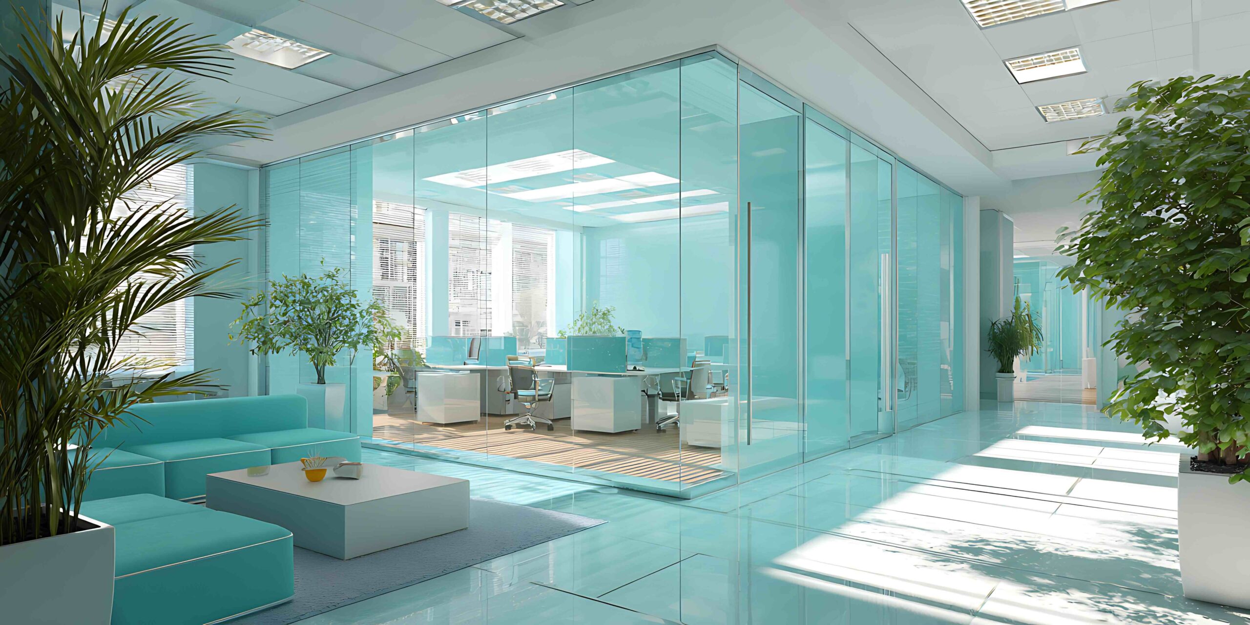 Modern office interior design with glass walls and plants zen teal blue room calm clean light green