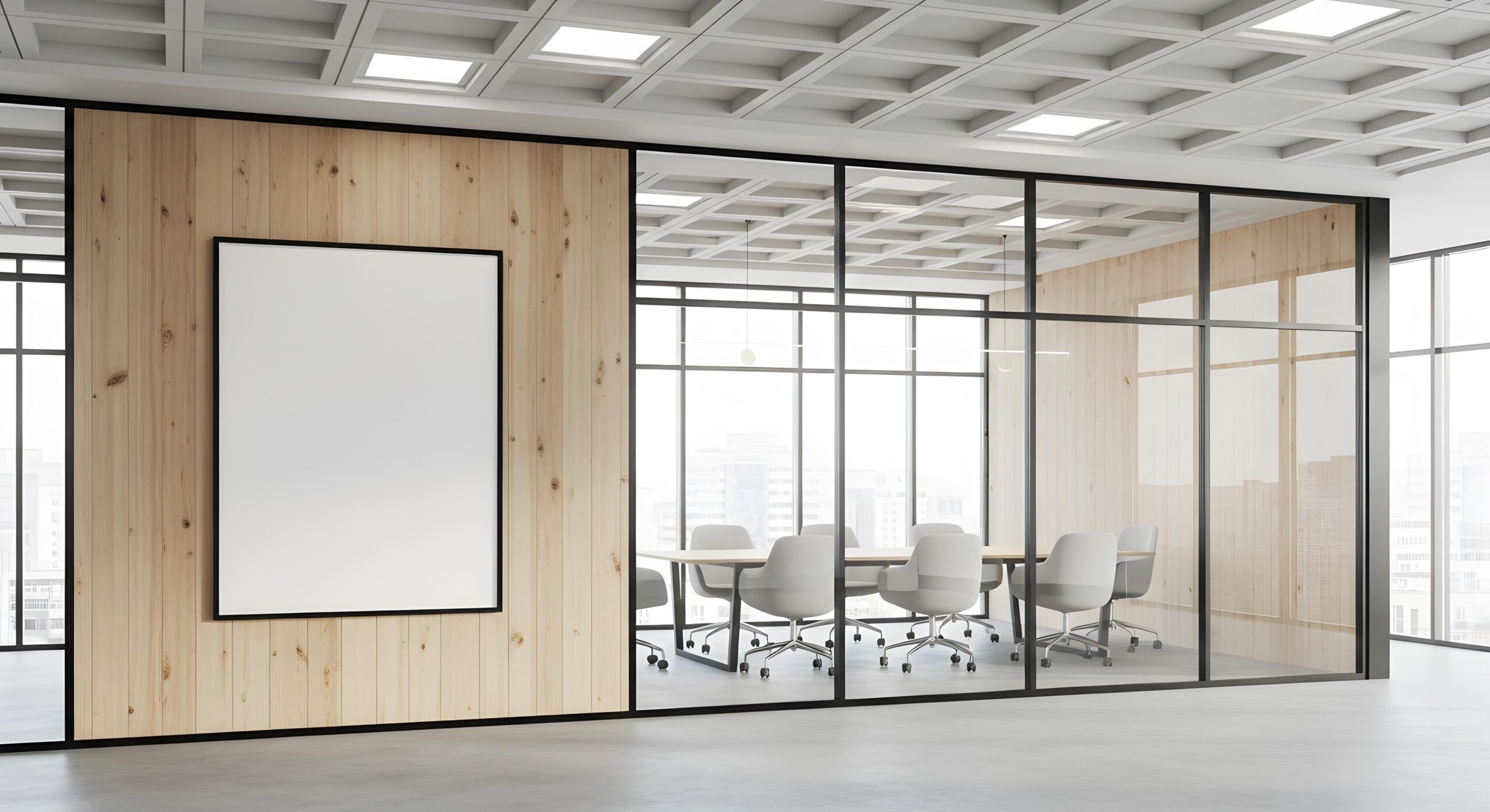 Sleek modern conference room with wooden accent wall and blank frame ready for branding, featuring panoramic windows and stylish seating