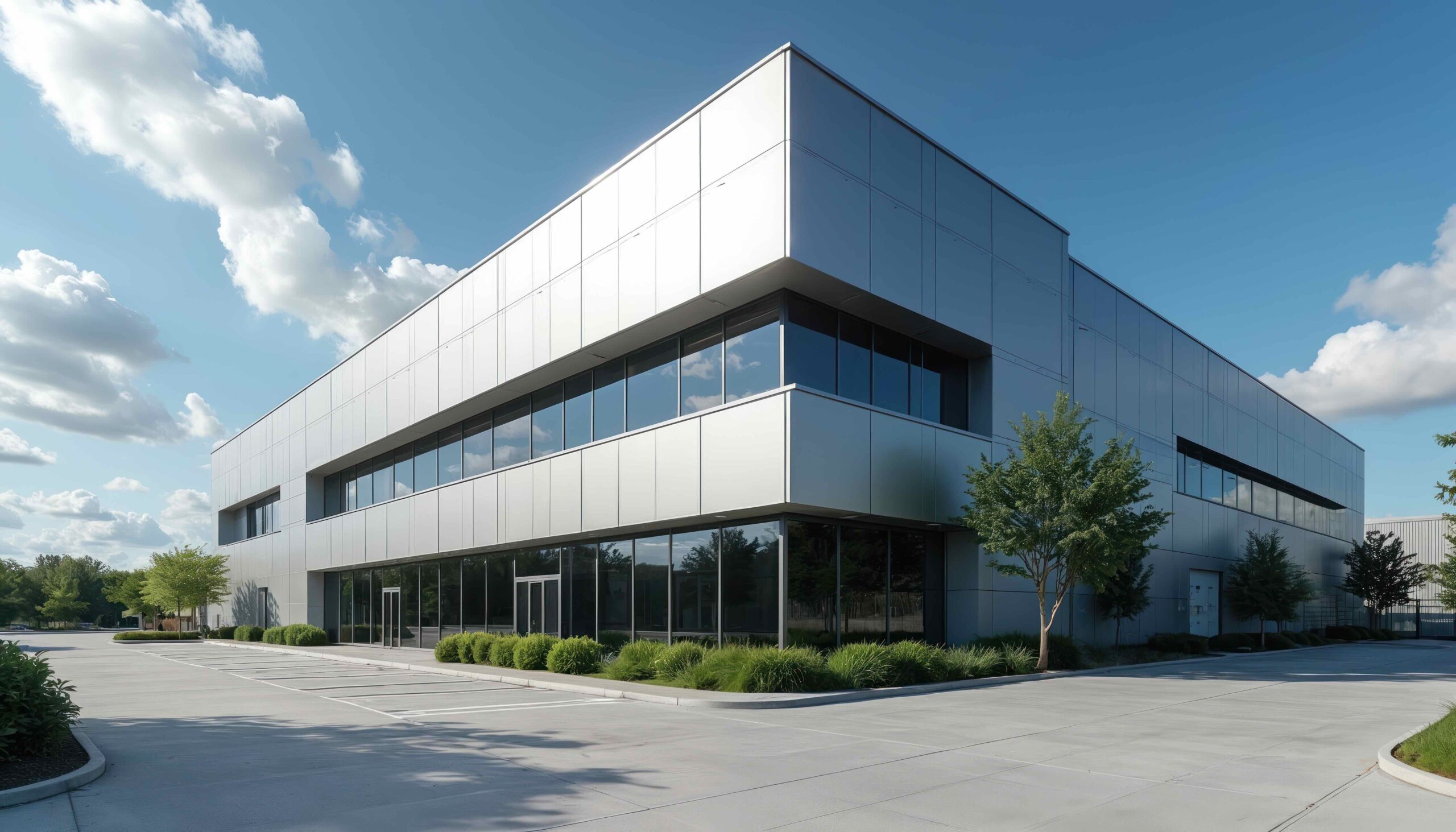 Modern industrial building exterior with aluminum siding and large glass windows under blue sky with fluffy clouds. Spacious parking lot and green landscaping surround structure. This is pro facility.